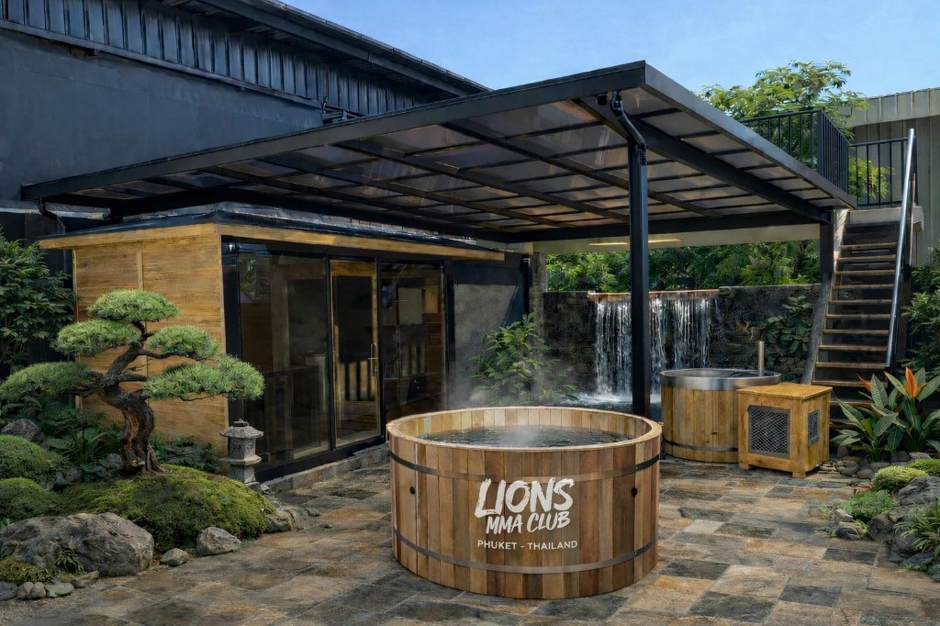 Lions MMA Club outdoor recovery area with sauna, cold plunge and waterfall
