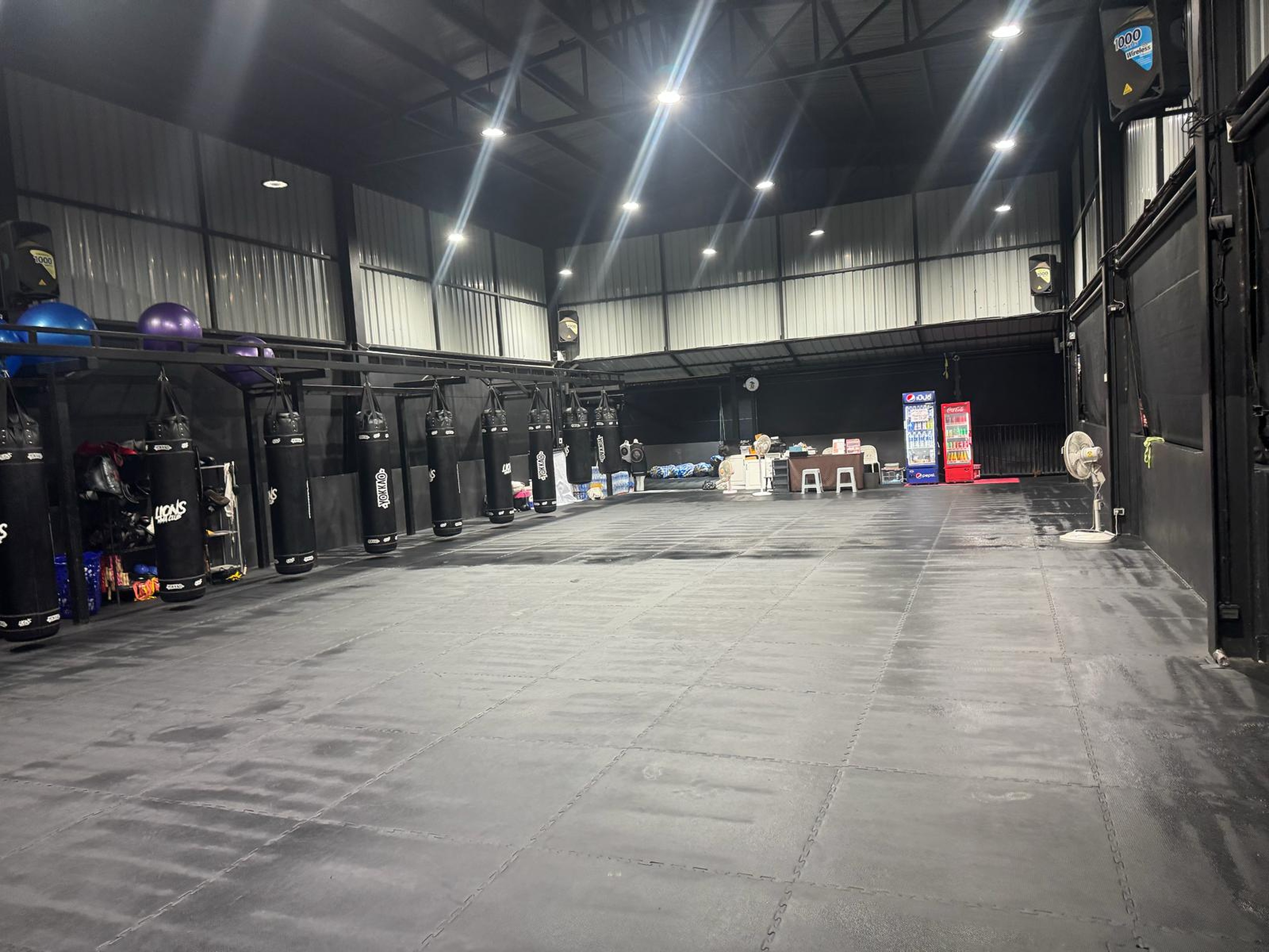 Muay Thai and boxing training area with heavy bags