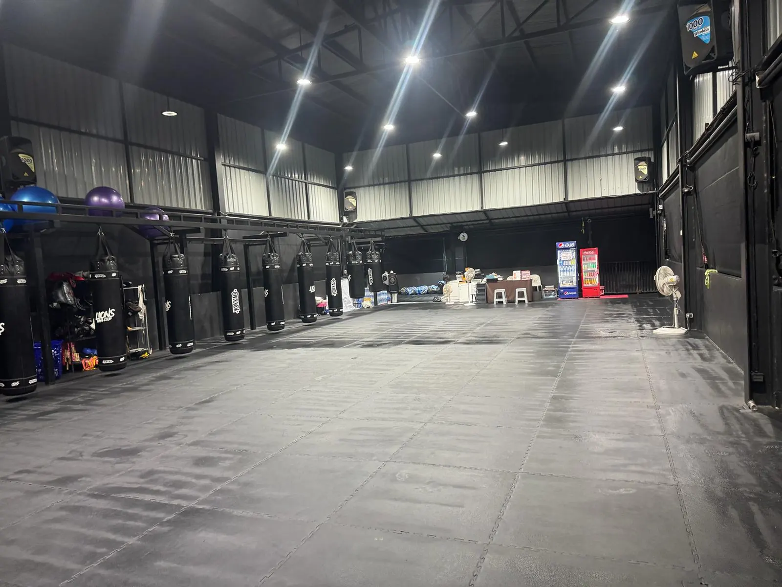 Muay Thai and boxing training area with heavy bags